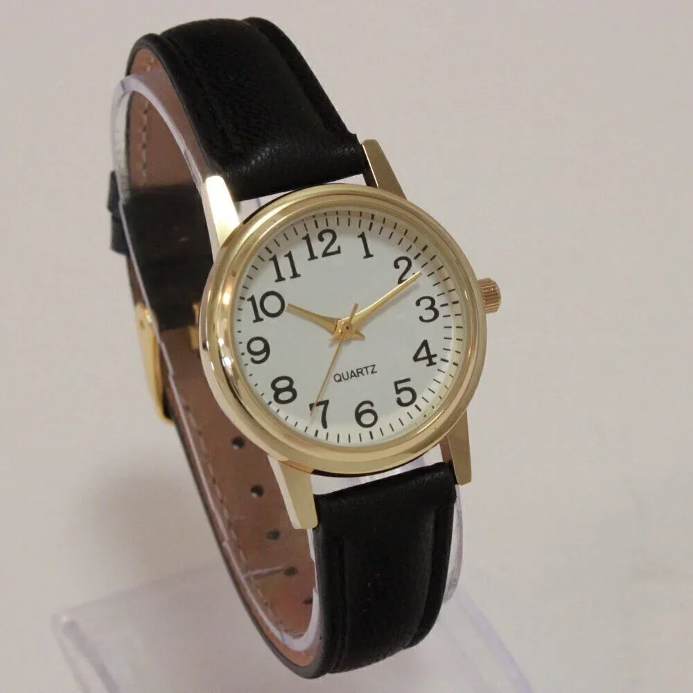 Ladies Easy Reader Dress Quartz Watch Gold-toned Black Strap White Dial 28mm